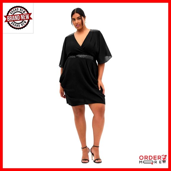 Plus Size Sequin Wrap Dress with Batwing Sleeves for Night Out